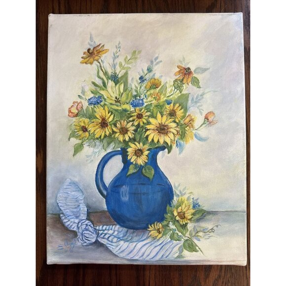 SIGNED Yellow Flowers In Blue Vase Acrylic Painting On‎ Canvas By ETTA IZZI 2011 - Picture 1 of 2